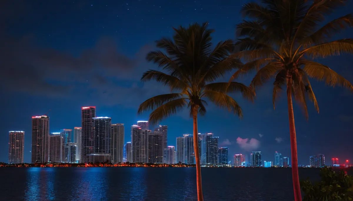 Miami skyline at dusk across Biscayne Bay